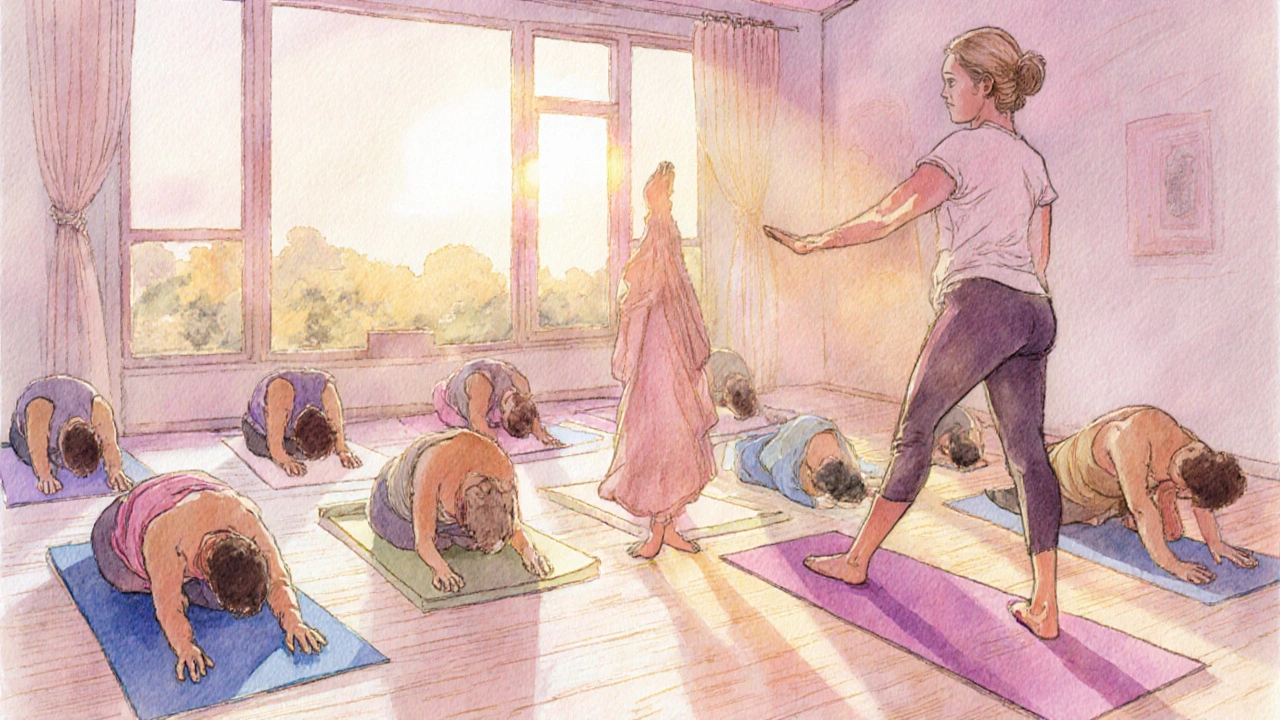 Acu‑Yoga‑Klasse: Instructor zeigt Downward‑Dog und drückt BL60‑Punkt.