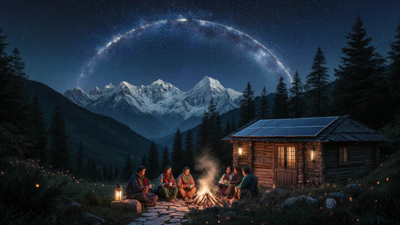 Eco‑Lodge bei Dämmerung, Dorfbewohner und Reisende versammeln sich am Lagerfeuer.