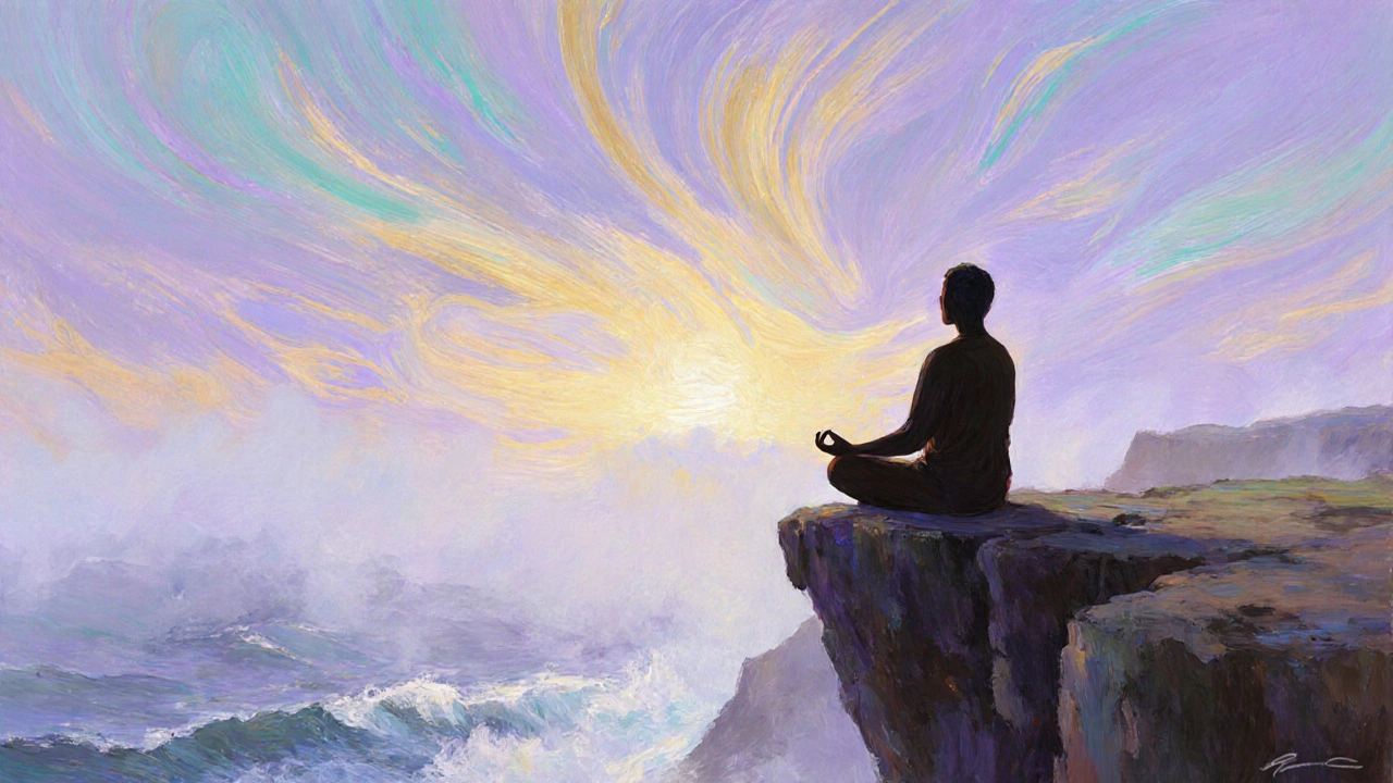 Einzelne Person meditiert beim Sonnenaufgang auf den Klippen von Big Sur, Symbol für innere Transformation.