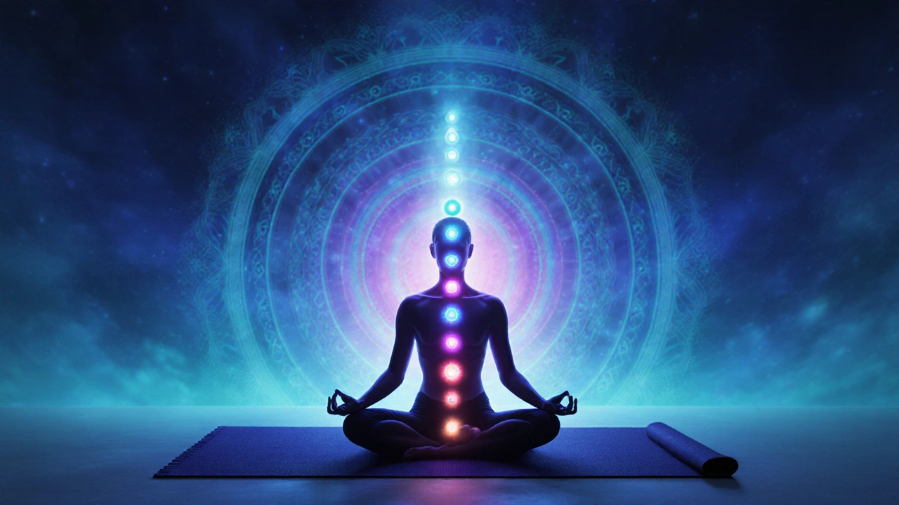 Entspannte Person im Savasana, Chakra‑Aura leuchtet über dem Körper.
