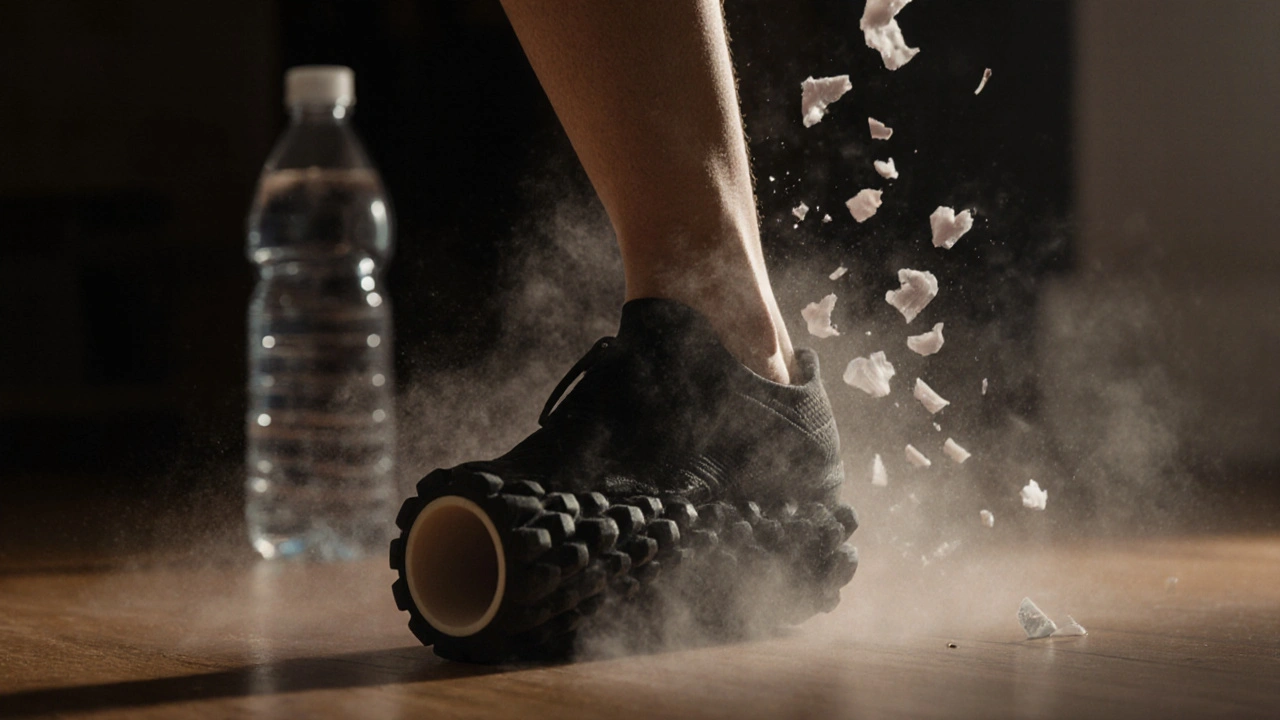 Foamroller auf dem Wadenmuskel, mit sich auflösenden Gewebefragmenten als Symbol für Freisetzung.