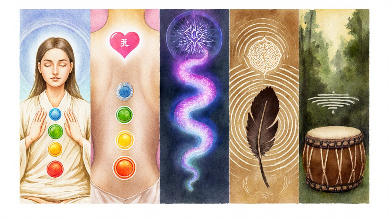 Fünf Vignetten zeigen Usui-, Karuna-, Gitar-, Kundalini- und Schamanisches Reiki mit Symbolen.