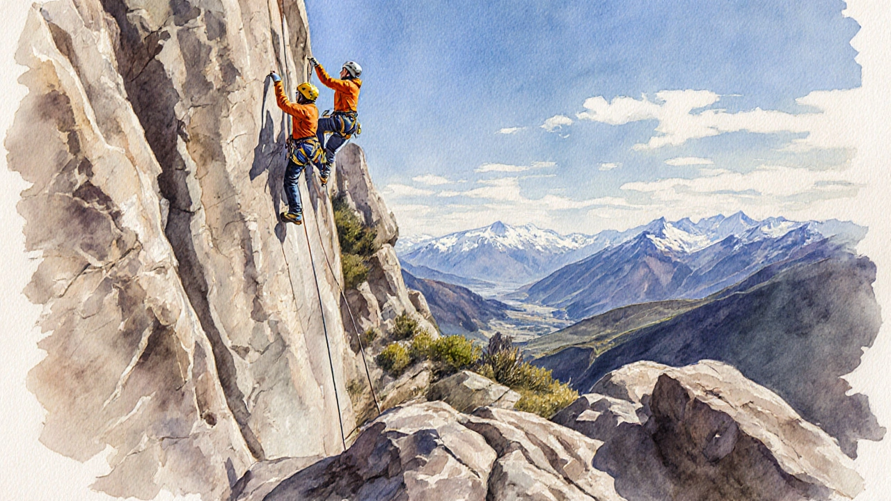 Kletterer erklimmen die Kalksteinwände des Mithun Peak bei klarem Himmel.