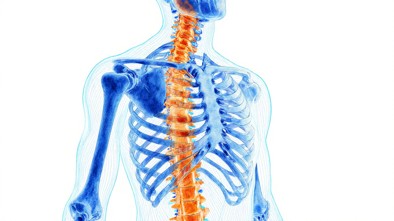 Menschlicher Körper mit leuchtendem Fasziennetz, das Verspannungen an Schulter und Rücken zeigt.