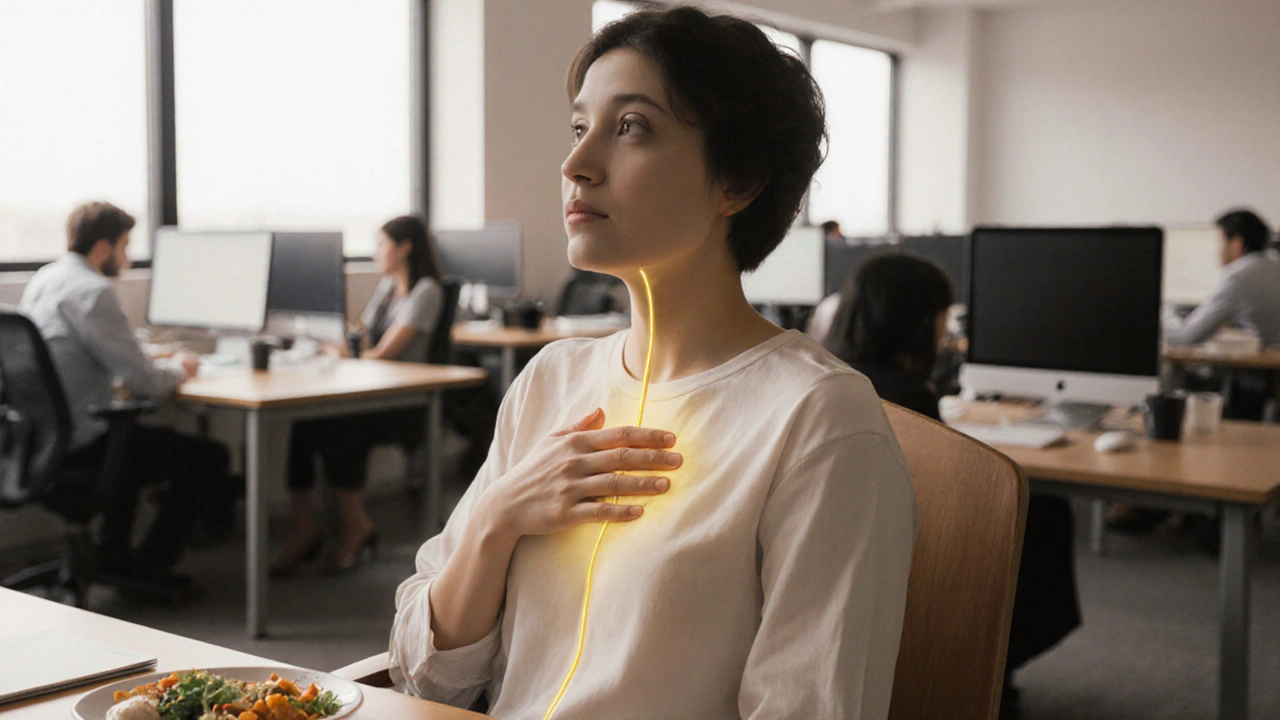 Person übt Acu-Yoga am Schreibtisch, drückt den Pericardium-6-Punkt zwischen den Brustwarzen.