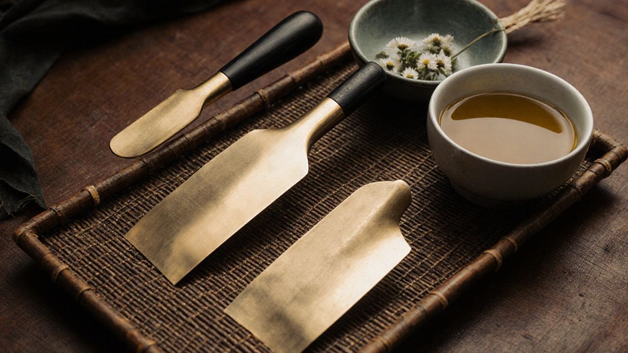 Drei speziell geformte Bronzemesser für die Messer-Massage liegen auf einem BambusTablett neben warmem Kräuteröl.