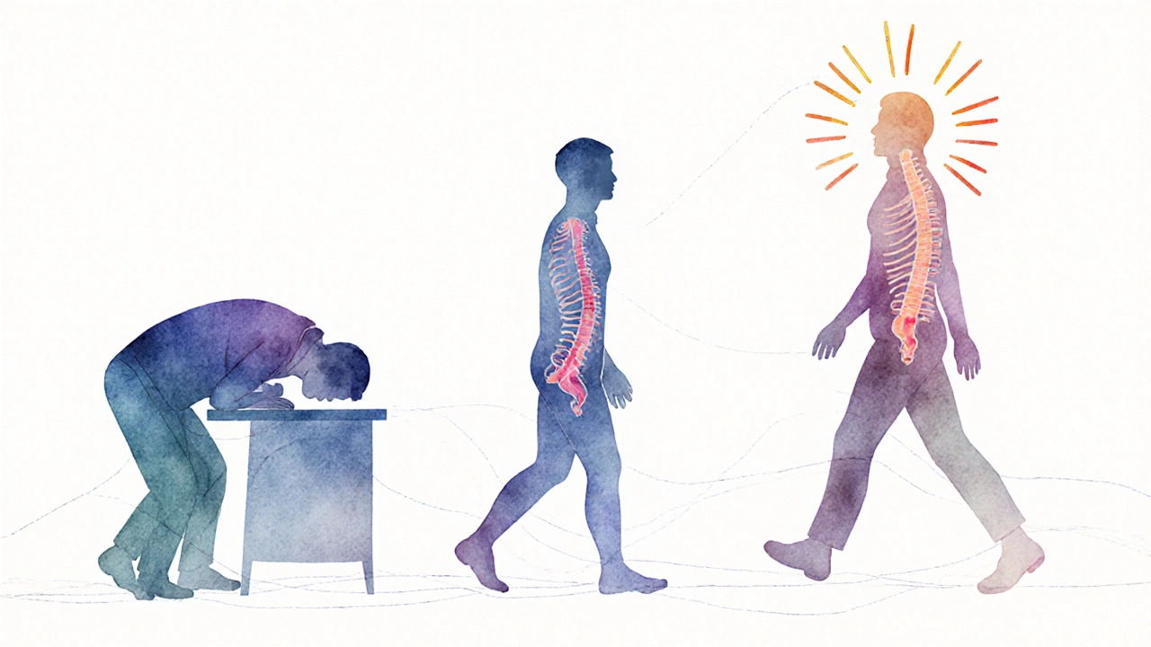 Dreiteilige Darstellung der Körperhaltung: gebeugt, im Wandel, aufrecht — mit fließenden Wasserfarben und Energieflüssen.