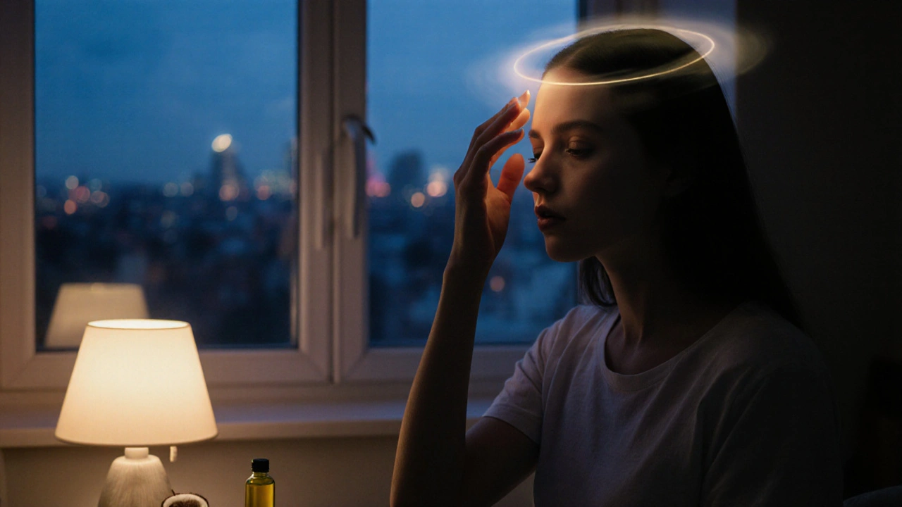 Eine Frau führt eine Selbst-Champissage durch, die Hand ruht beruhigend auf ihrer Stirn.