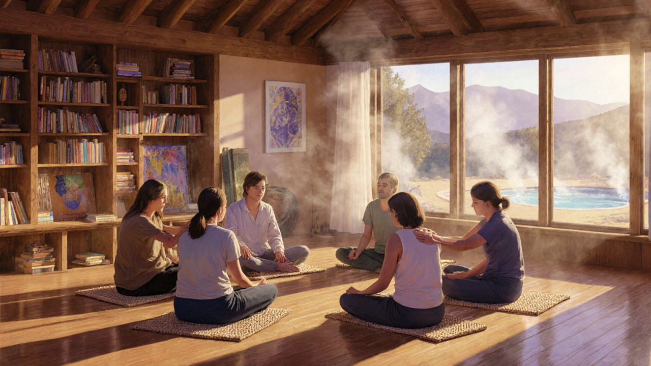 Eine kleine Gruppe sitzt in einem Workshop-Raum von Esalen in Schweigen und berührt sich sanft.