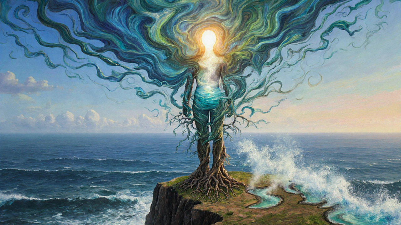 Eine menschliche Gestalt verschmilzt mit Naturkräften am Kliff — Wurzeln, Wellen und Wind umgeben sie.