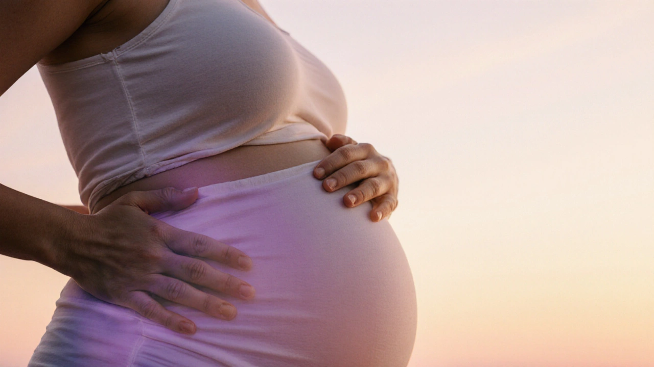 Hände einer Mutter auf ihrem Bauch, darüber die sanften Berührungen einer Massage, verbunden mit warmen Dämmerungsfarben.