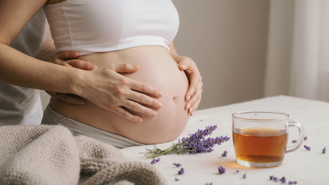 Hände einer Schwangeren auf dem Bauch, sanfte Berührung von hinten, Umgebung mit Lavendel und Decke für Entspannung.