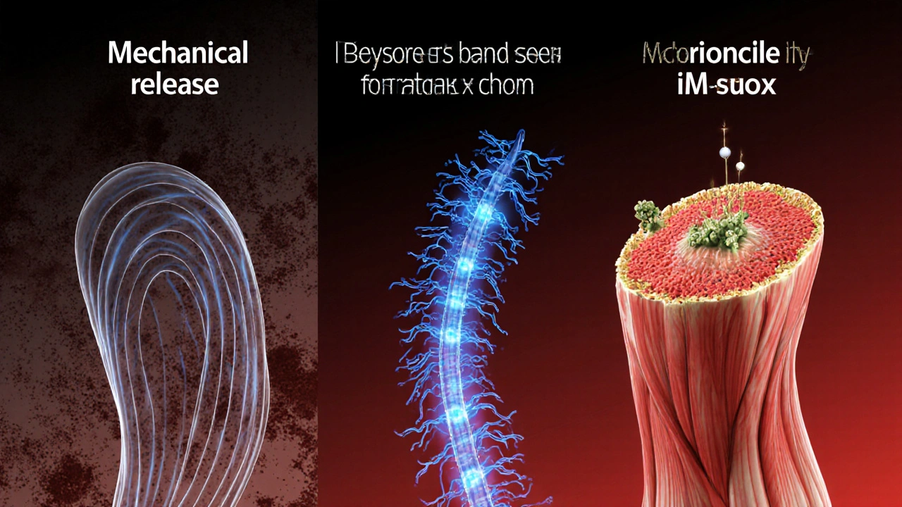 Künstlerische Darstellung der drei Wirkmechanismen der Sportmassage: Faszienlösung, Schmerzhemmung und Zellregeneration.
