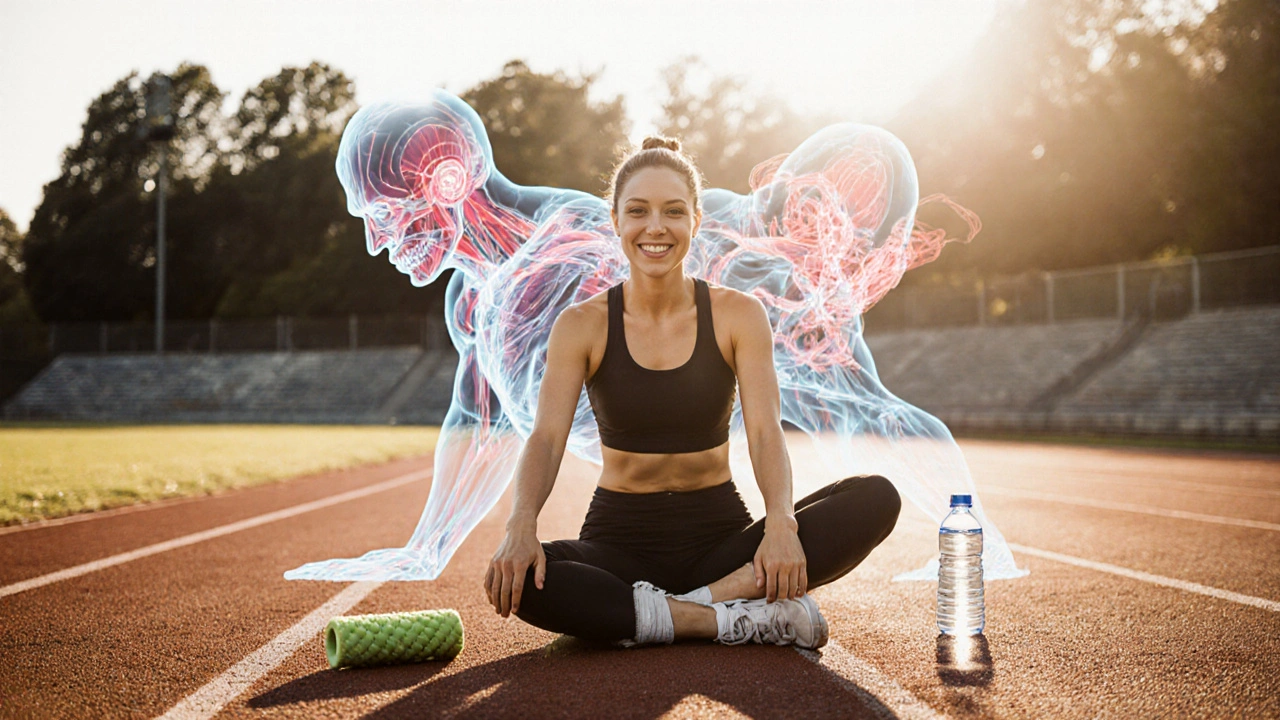 Läufer mit transparenter Darstellung gesunder Muskelfasern im Vergleich zu verklebten Strukturen, Symbol für Prävention durch Massage.