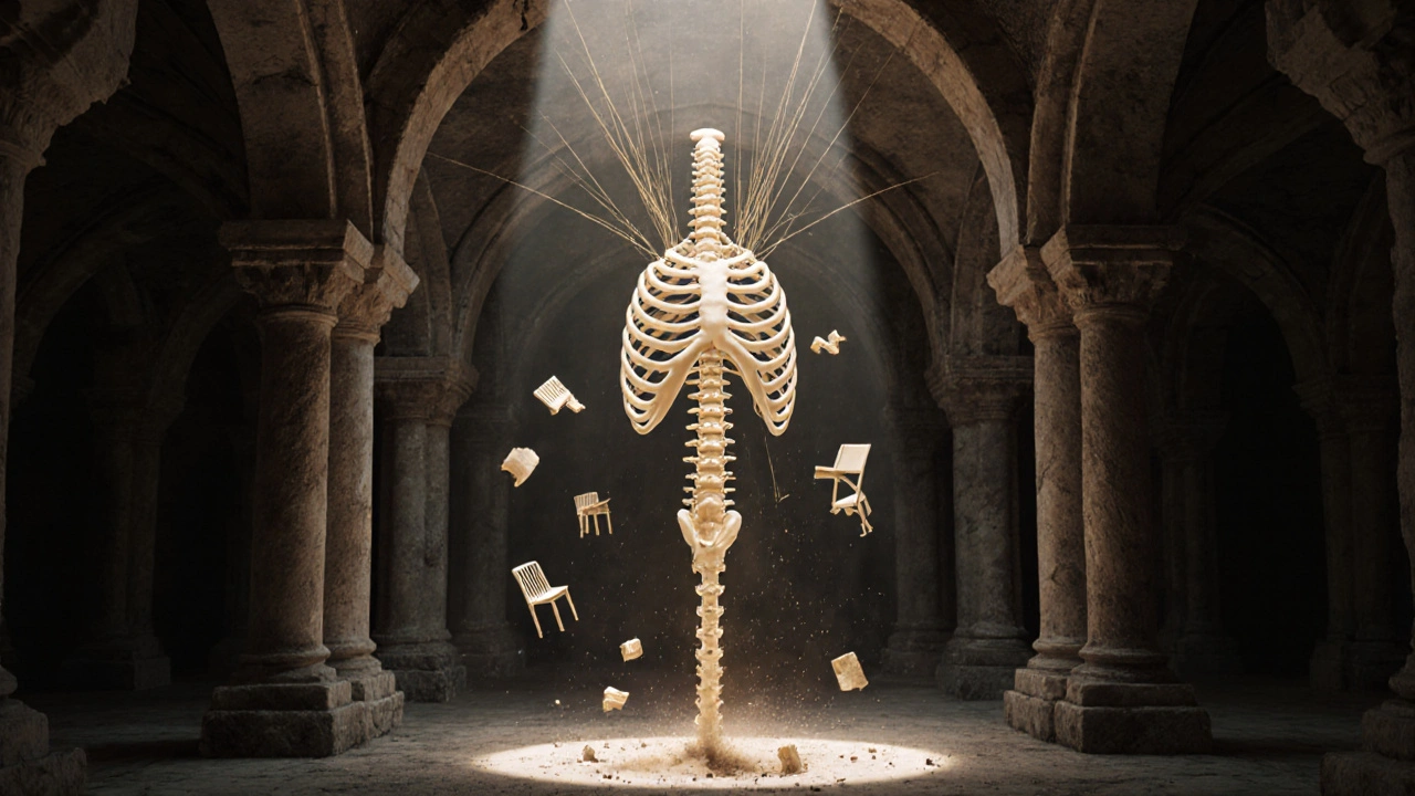 Mensch als architektonische Struktur mit goldenen Faszienfäden, alte Haltungsmuster lösen sich in Staub auf.