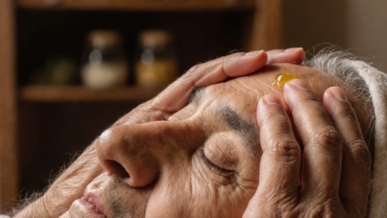 Nahaufnahme von Händen, die entlang der Nasenwurzel und des Schädels drücken und klopfen.