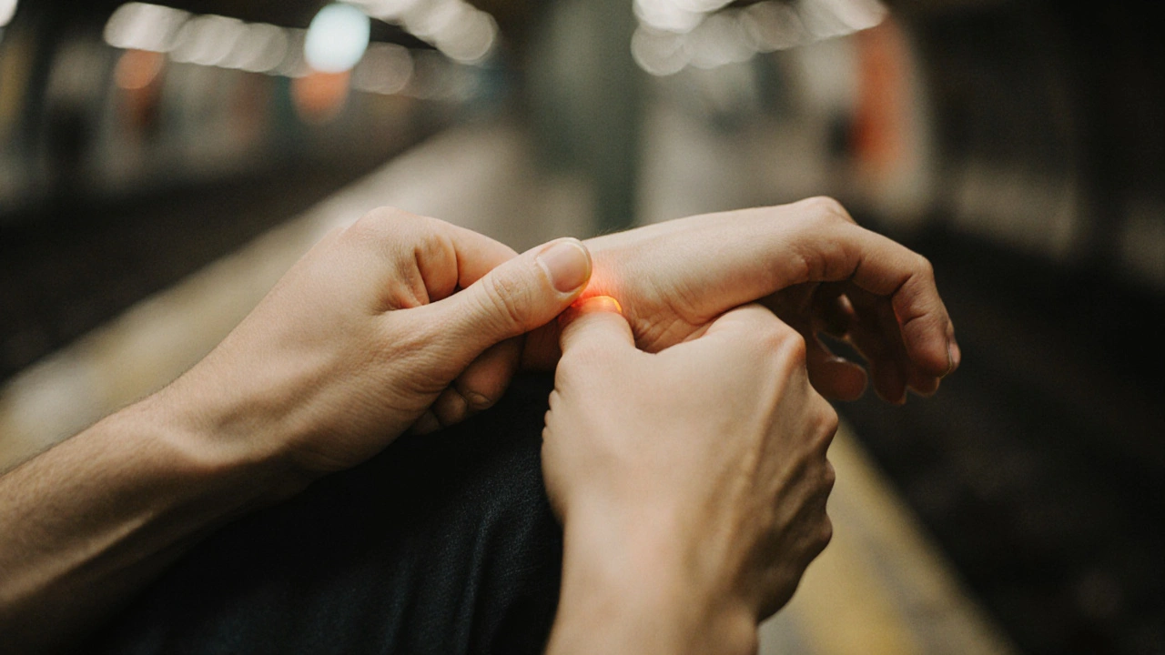 Näheransicht der Hand, die den Akupressurpunkt am Handgelenk drückt, ruhig in der U-Bahn.