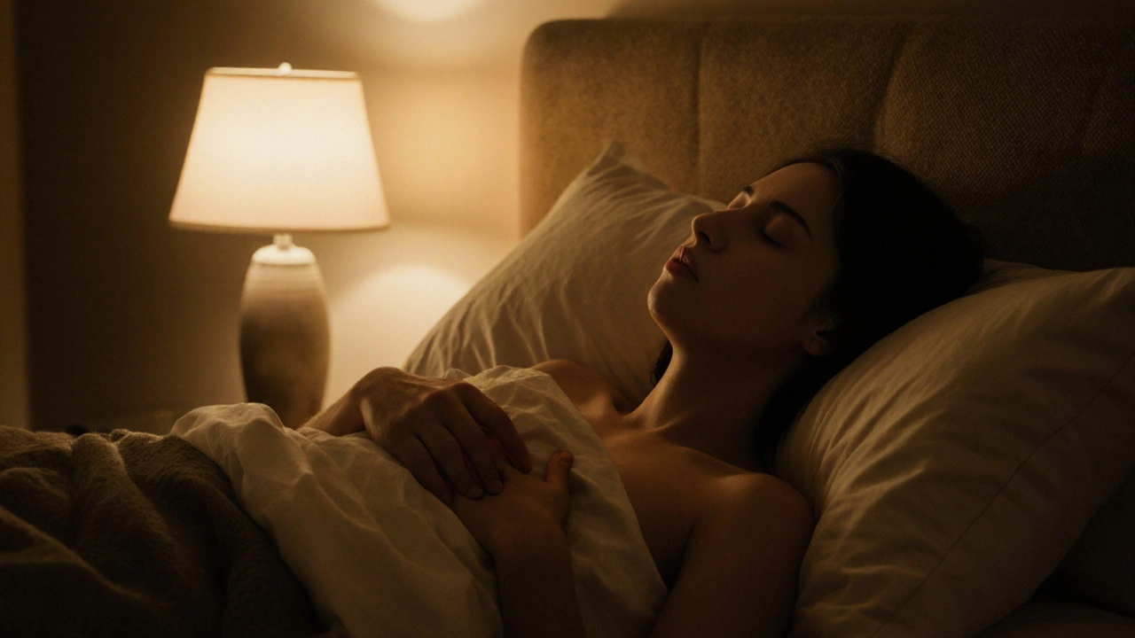 Person im Bett drückt den Akupressurpunkt am Fuß, entspannt vor dem Schlafen.