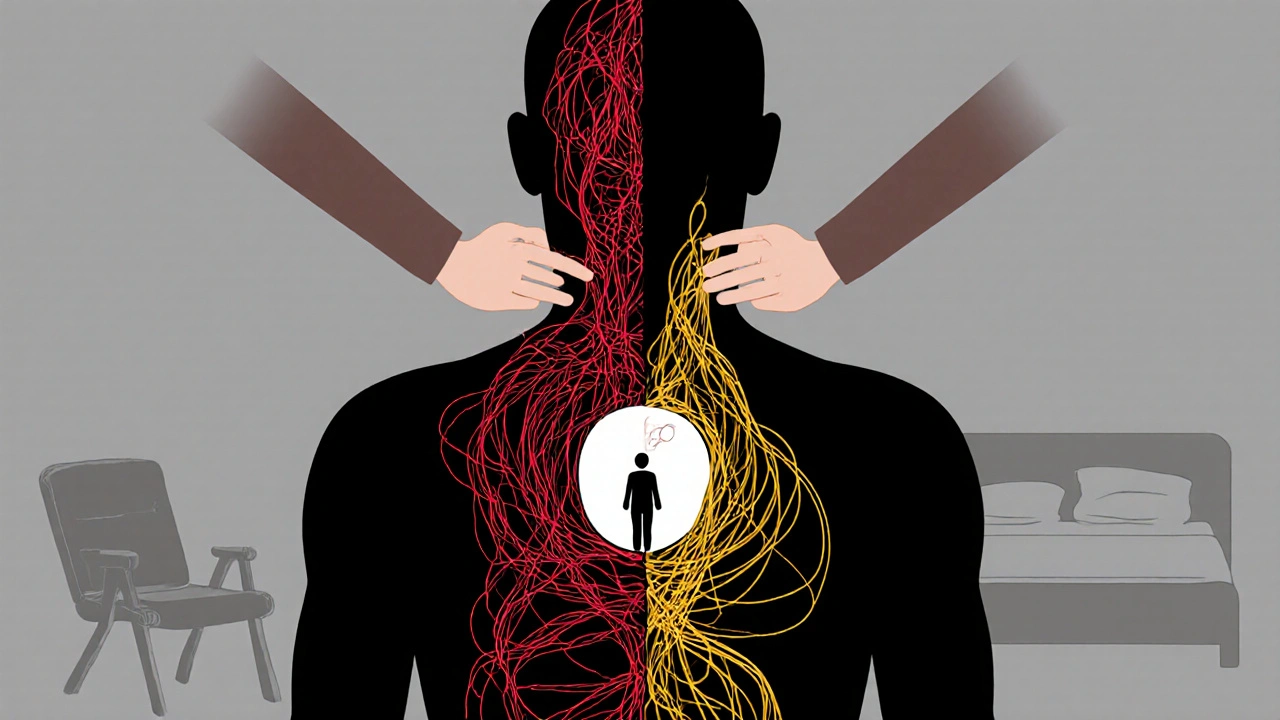 Silhouette mit verkrampften und freigesetzten Faszien, symbolisch dargestellt als dunkle und goldene Linien.