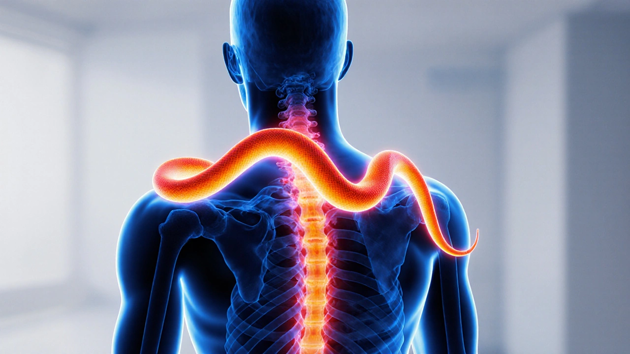 Wärmebild einer Person mit warmen Farben an den Stellen, wo eine Schlange den Körper berührt.