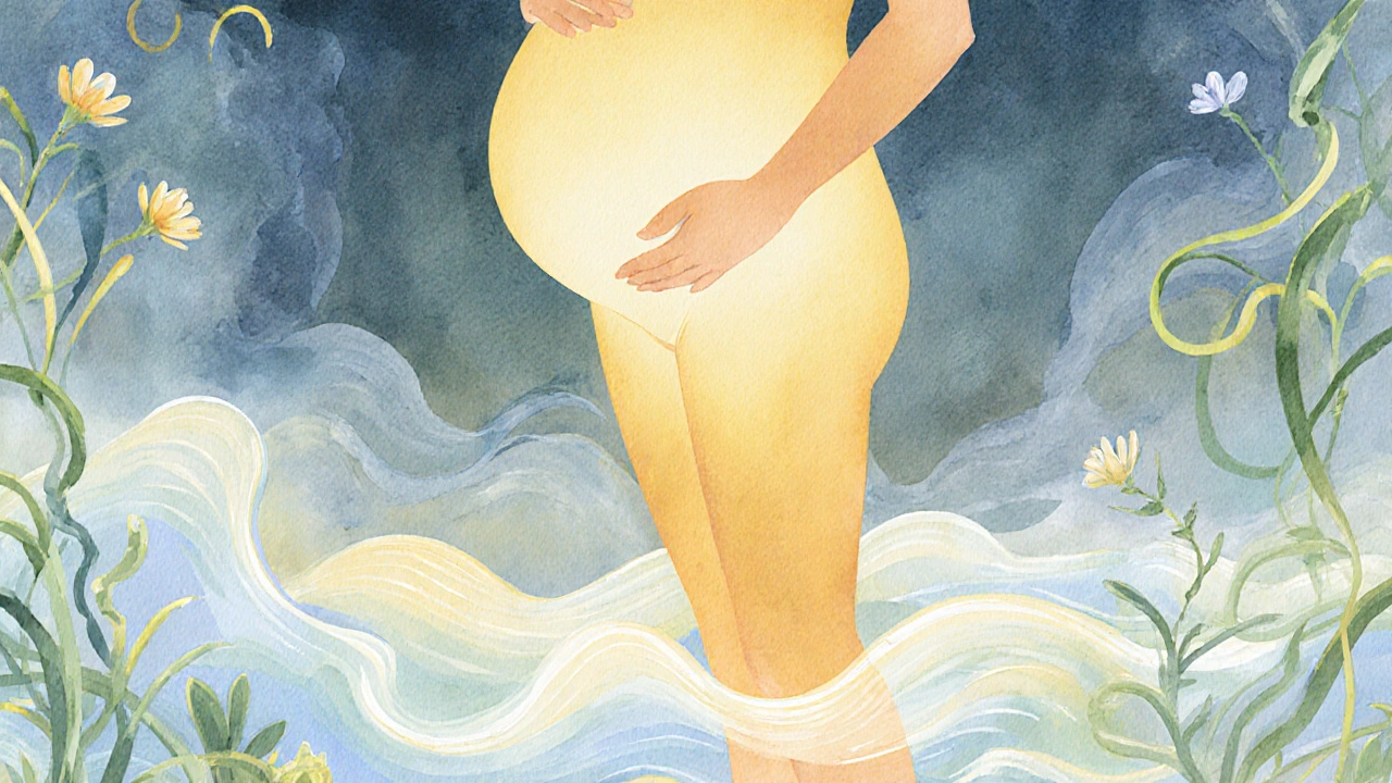 Wasserfarb-Illustration einer schwangeren Frau mit goldenem Licht, das ihre Beine und Füße durchströmt.