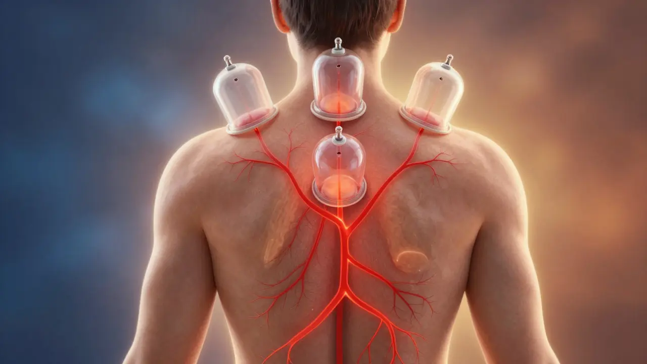 Abstrakte Darstellung des Blutflusses und Gewebes unter der Haut während einer Cupping-Behandlung.