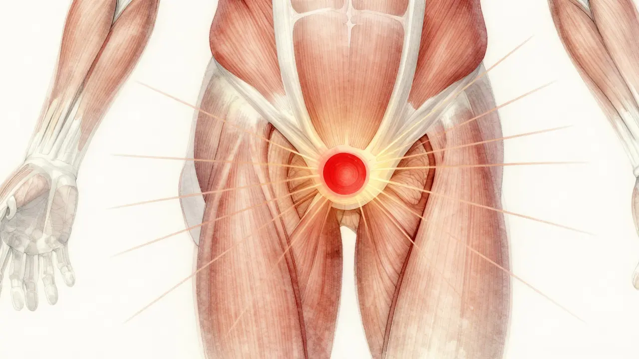 Anatomische Darstellung eines muskulären Triggerpunkts mit ausstrahlenden Schmerzlinien in Richtung Hüfte und Knie.