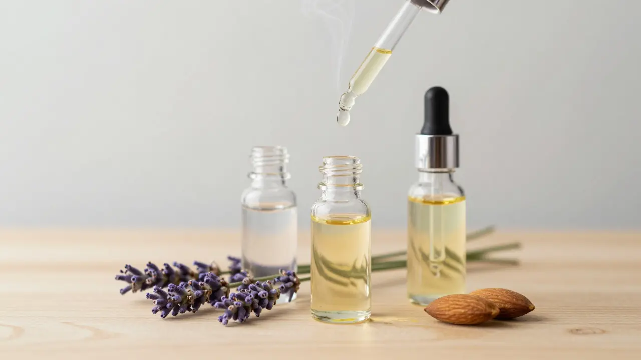 Drei reine ätherische Öle in Glasflaschen mit einem Tropfer und Mandelöl auf einem Holztisch, ein Tropfen schwebt in der Luft.