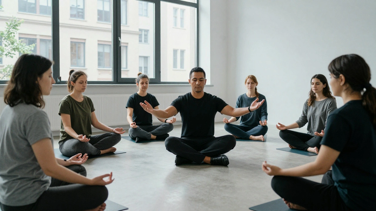 Eine Gruppe Menschen in Berlin lernt in stiller Atmosphäre die Haltung der Hilot-Praxis.