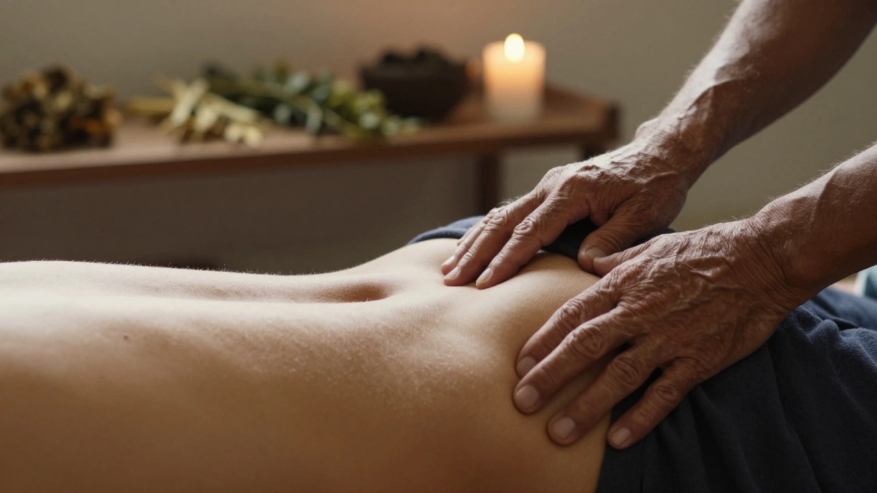 Geschulte Hände tasten die Hüfte einer liegenden Person ab, um Knochenausrichtung zu spüren.