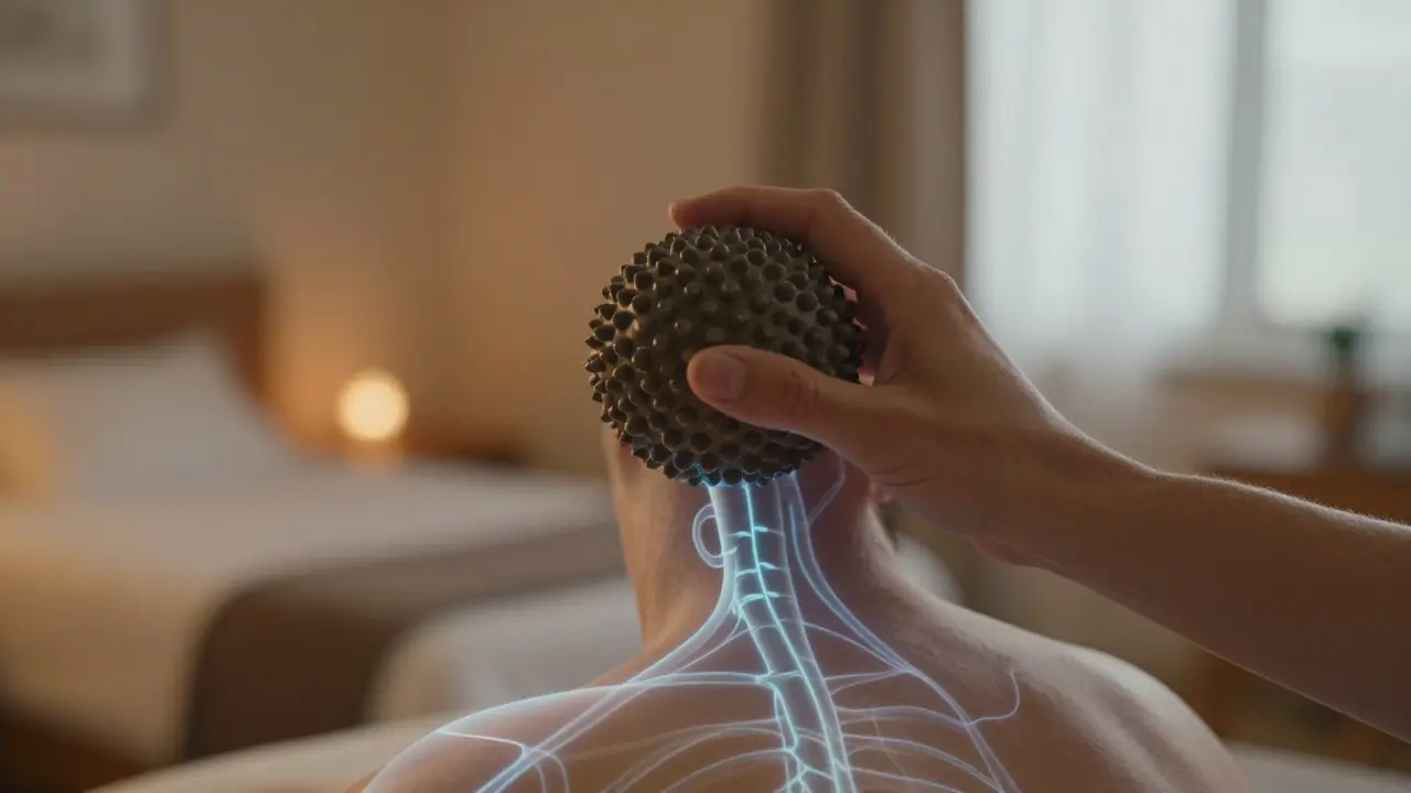 Hand hält einen Massageball am Nacken, mit subtilen Lichtstrahlen, die die Entspannung der Nerven andeuten.