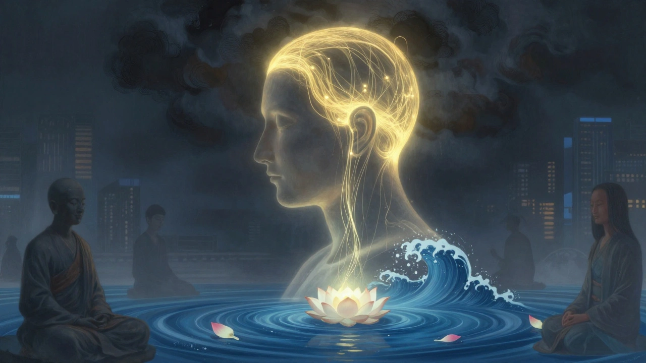 Kopf als leuchtender Torus, der Stress in Frieden verwandelt, mit goldenem Öl und Lotusblüten.