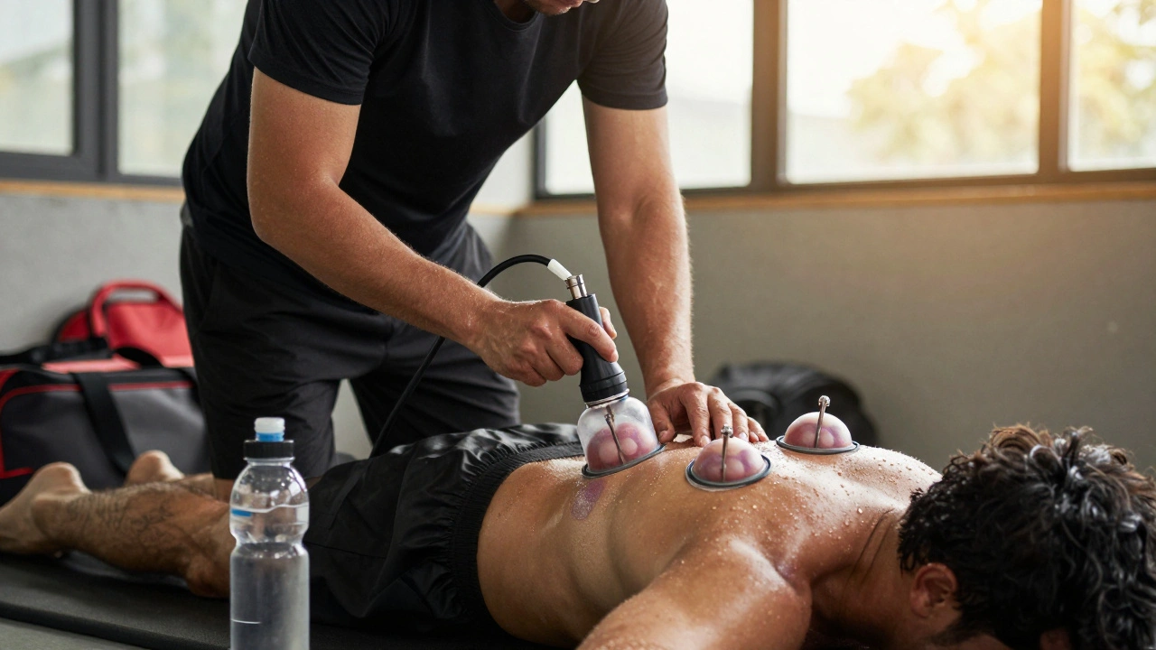 Sporttrainer verwendet einen Vakuumpumpen-Cupping-Satz am Oberschenkel zur Regeneration.