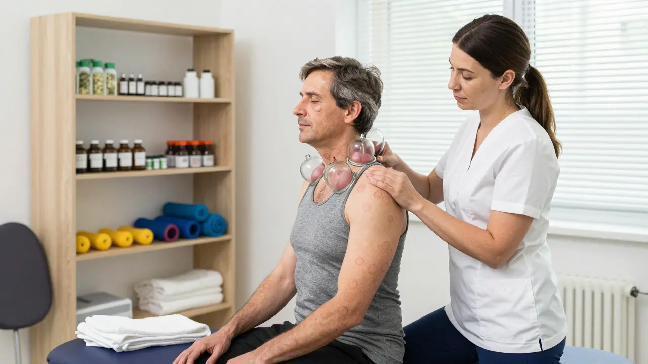 Therapeut führt Cupping an Schultern und Nacken einer Büroangestellten in einer Praxis durch.