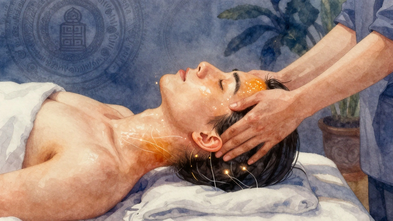 Therapeut führt eine ayurvedische Kopfmassage mit rhythmischen Bewegungen an Kopf und Nacken aus.