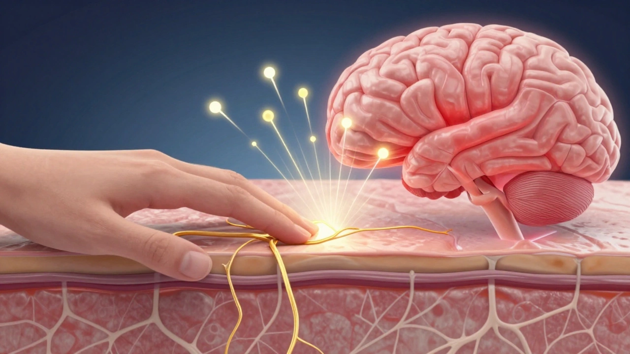 Vergrößerte Darstellung von Nervenfasern in der Haut, die durch sanfte Berührung aktiviert werden und Glückshormone freisetzen.