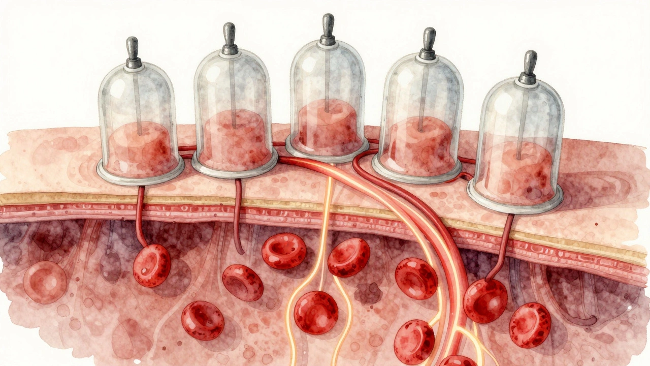 Wissenschaftliche Darstellung der Durchblutungs- und Lymphaktivierung durch Cupping unter der Haut.