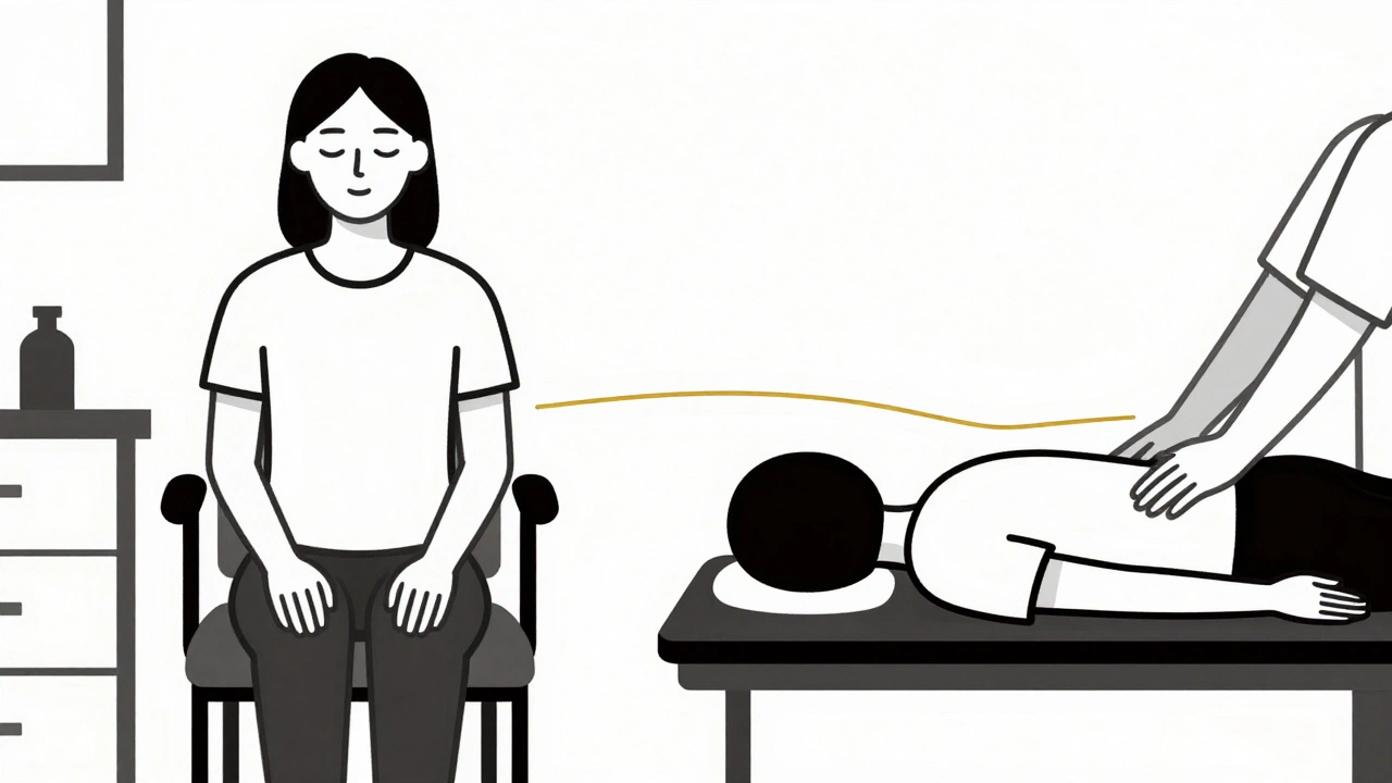 Zwei Szenen: zu Hause mit Händen auf den Oberschenkeln und in der Praxis — Verbindung durch innere Ruhe.