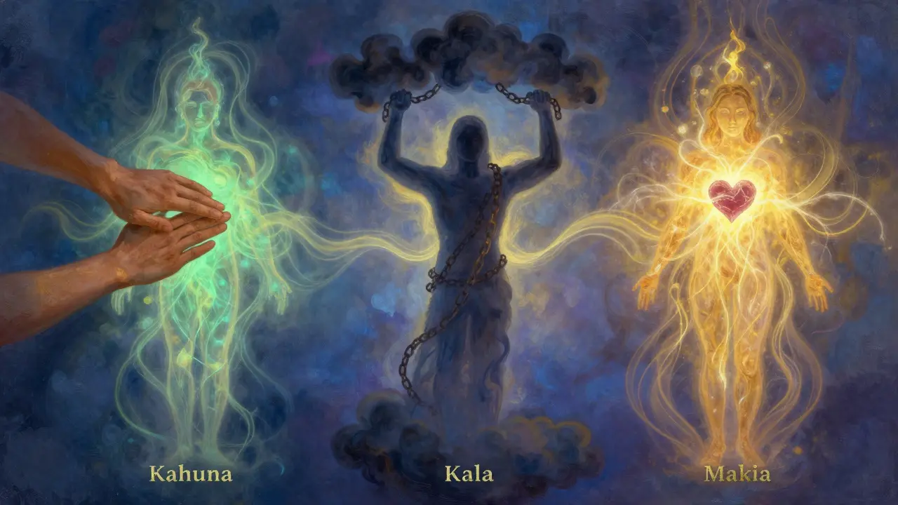 Abstrakte Darstellung der drei Kahuna-Wege: Heilung, Befreiung und Energie, verbunden in einer menschlichen Form mit leuchtenden Linien.