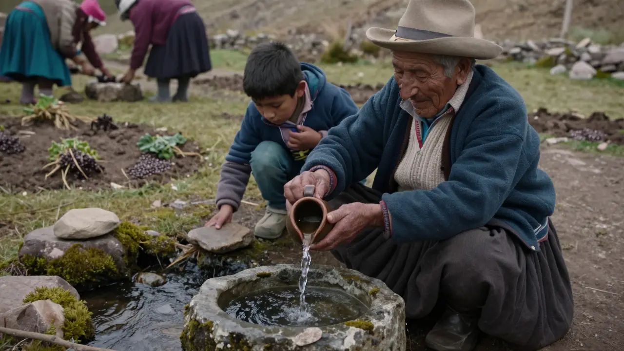 Ein älterer Aymara-Elder gießt Wasser aus einem Tonkrug in einen Steinbrunnen, während ein Kind einen Stein in den Fluss legt.