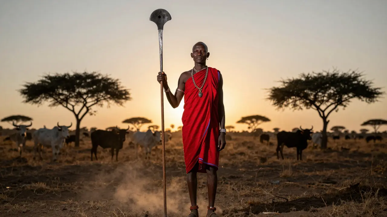 Ein Maasai-Krieger hält einen Rungu im Abendlicht der Savanne, während Rinder in der Ferne zu sehen sind.