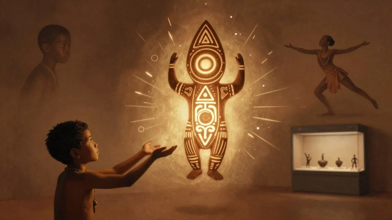 Ein Rungu schwebt mit leuchtenden, symbolischen Schnitzmustern, umgeben von verschwimmenden kulturellen Szenen.