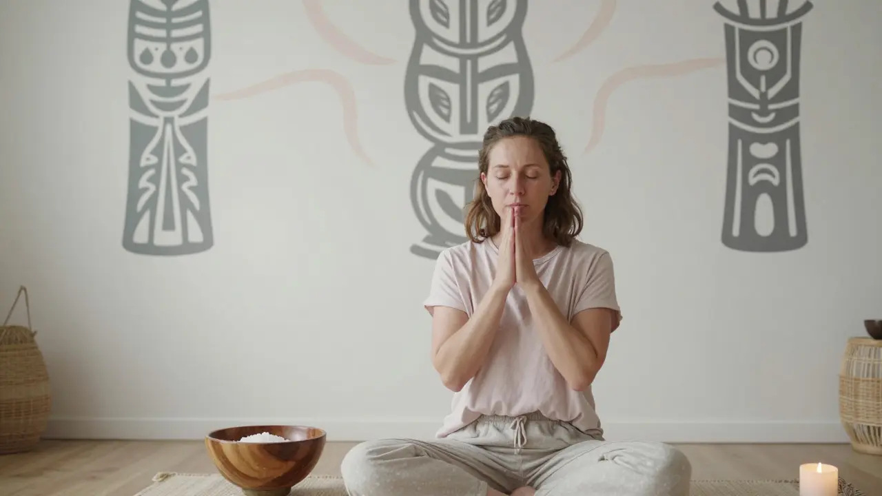 Eine Frau in Berlin praktiziert Ho'oponopono in ruhiger Umgebung mit Salzschale und Kerze, morgendliches Licht.