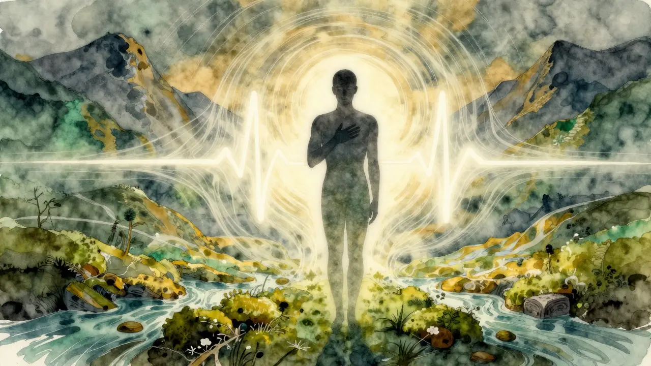 Eine stille Silhouette mit der Hand auf dem Herzen, umgeben von abstrakten Wind- und Lichtmustern, die das Summen der Erde darstellen.