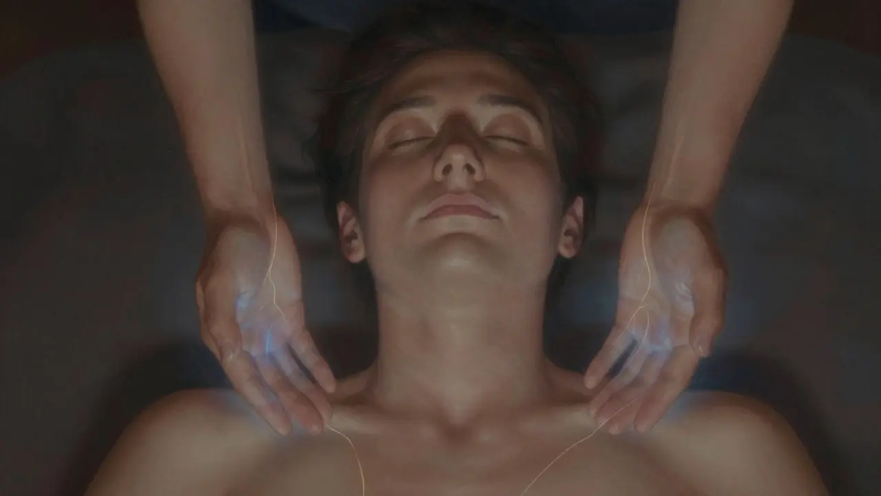 Hände schweben leicht über Schultern und Brust, sanfte Energieströme sichtbar, friedliche Stimmung.