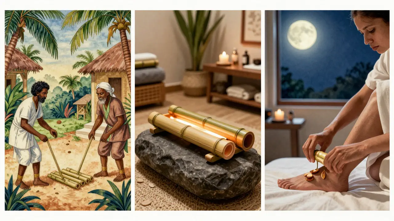 Historische, moderne und häusliche Szenen der Bambusmassage in einer symbolischen, zusammenhängenden Darstellung.