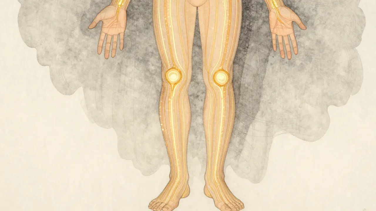 Körper mit goldenen Energiebahnen (Meridianen), die von den Füßen zum Kopf fließen.