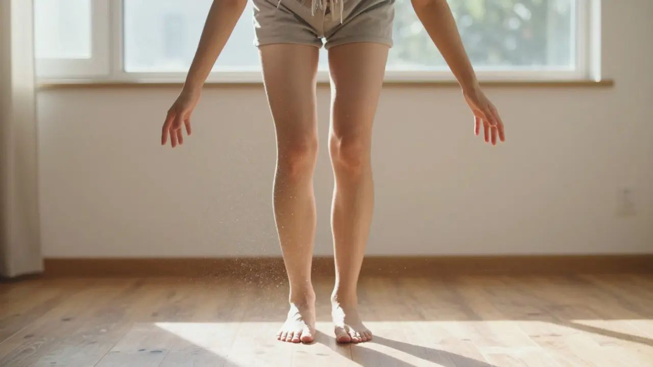 Person schüttelt den Körper leicht, barfuß auf dem Boden, Arme hängen locker.