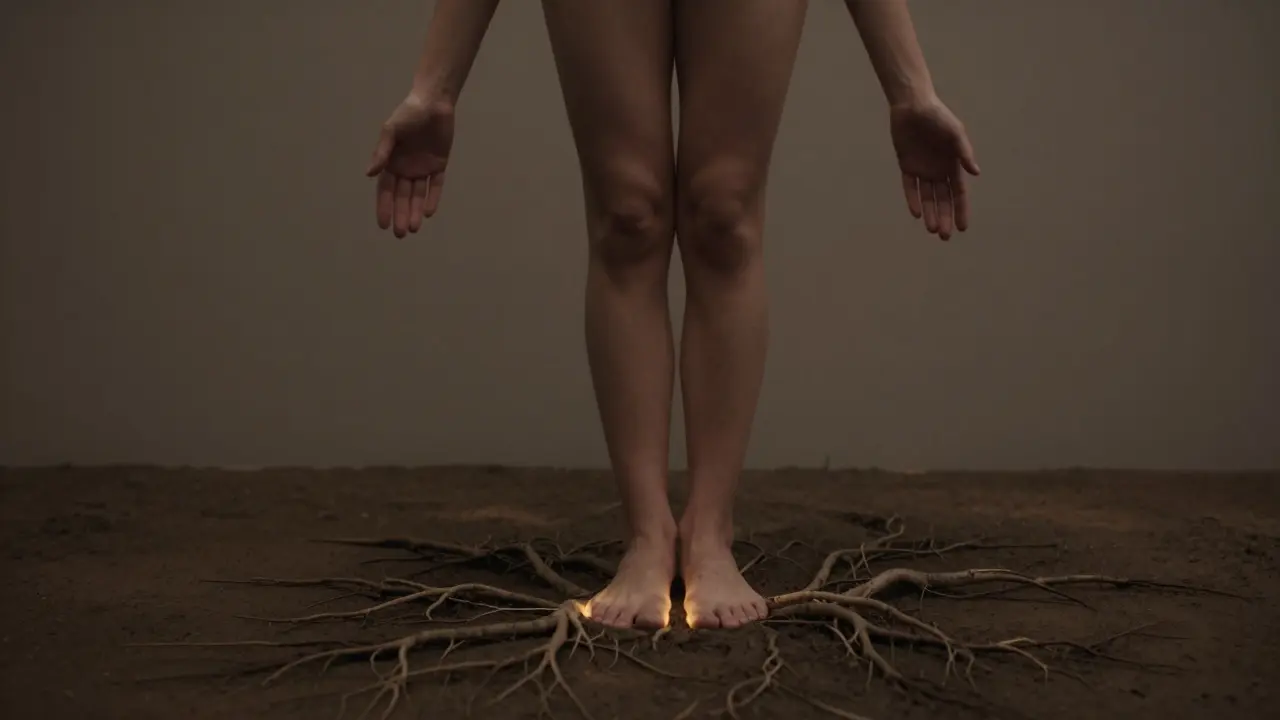 Person steht barfuß und fühlt sich mit der Erde verbunden, als wären Wurzeln aus den Füßen gewachsen.