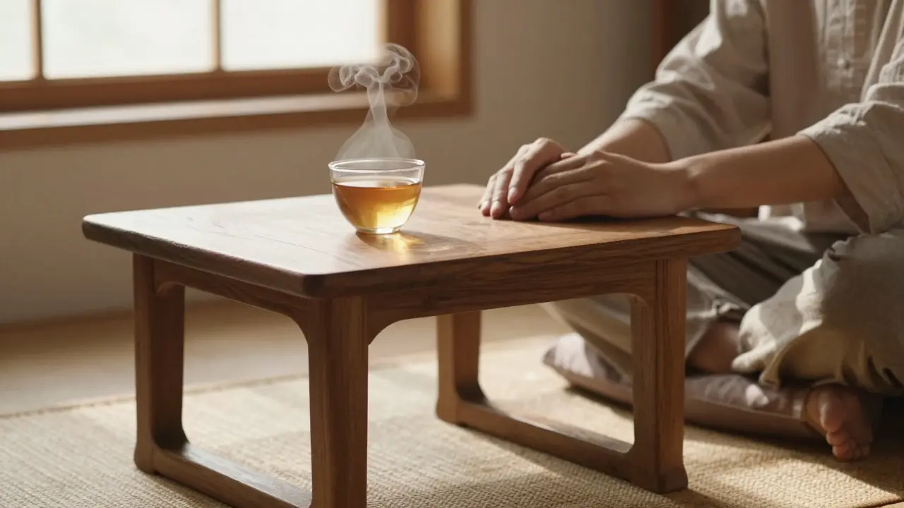 Tasse Tee und gefaltete Hände auf Kissen, morgendliches Licht, keine Geräte, ruhige Atmosphäre.